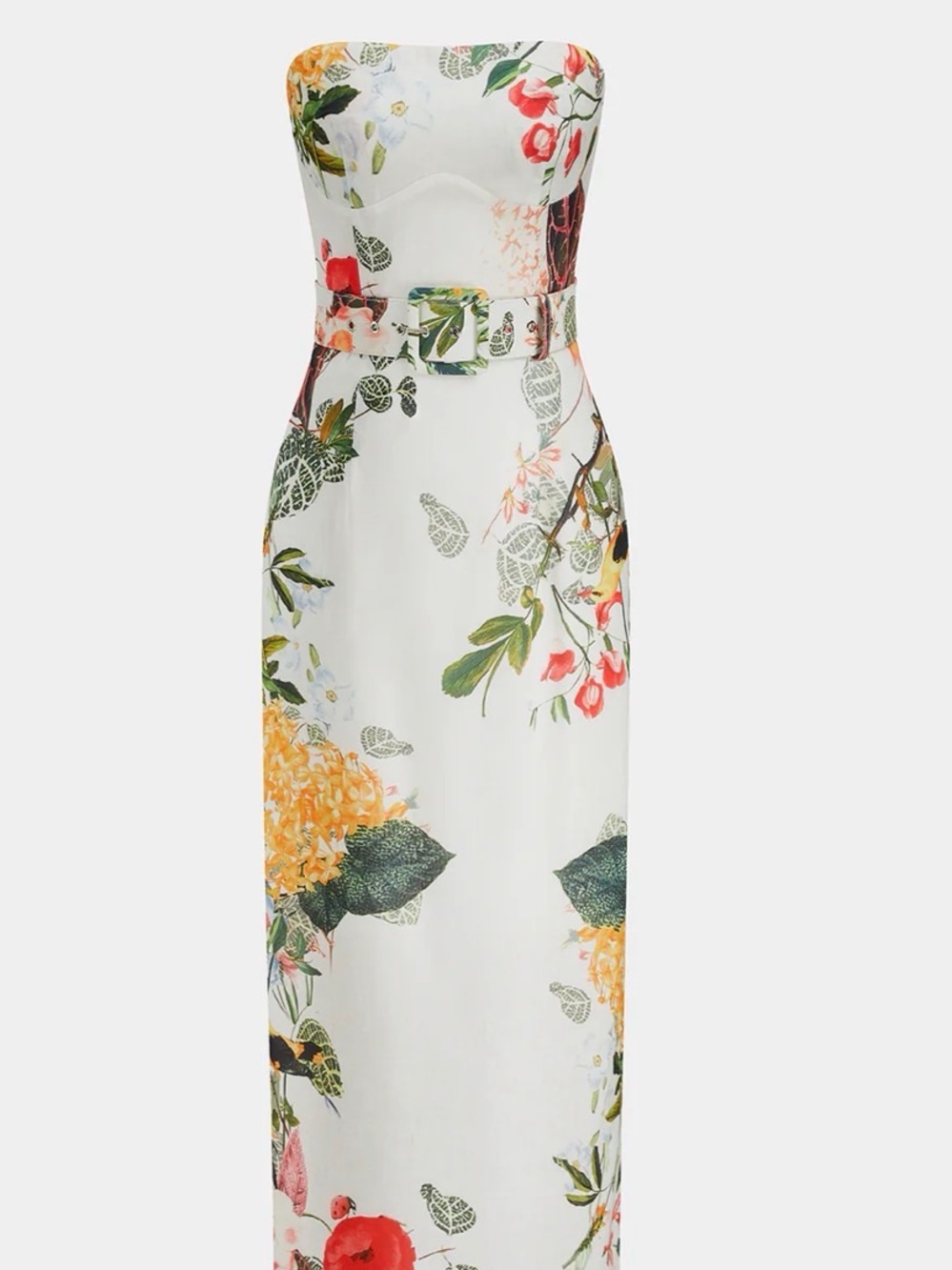 Commense White Strapless Floral Belted Maxi Dress